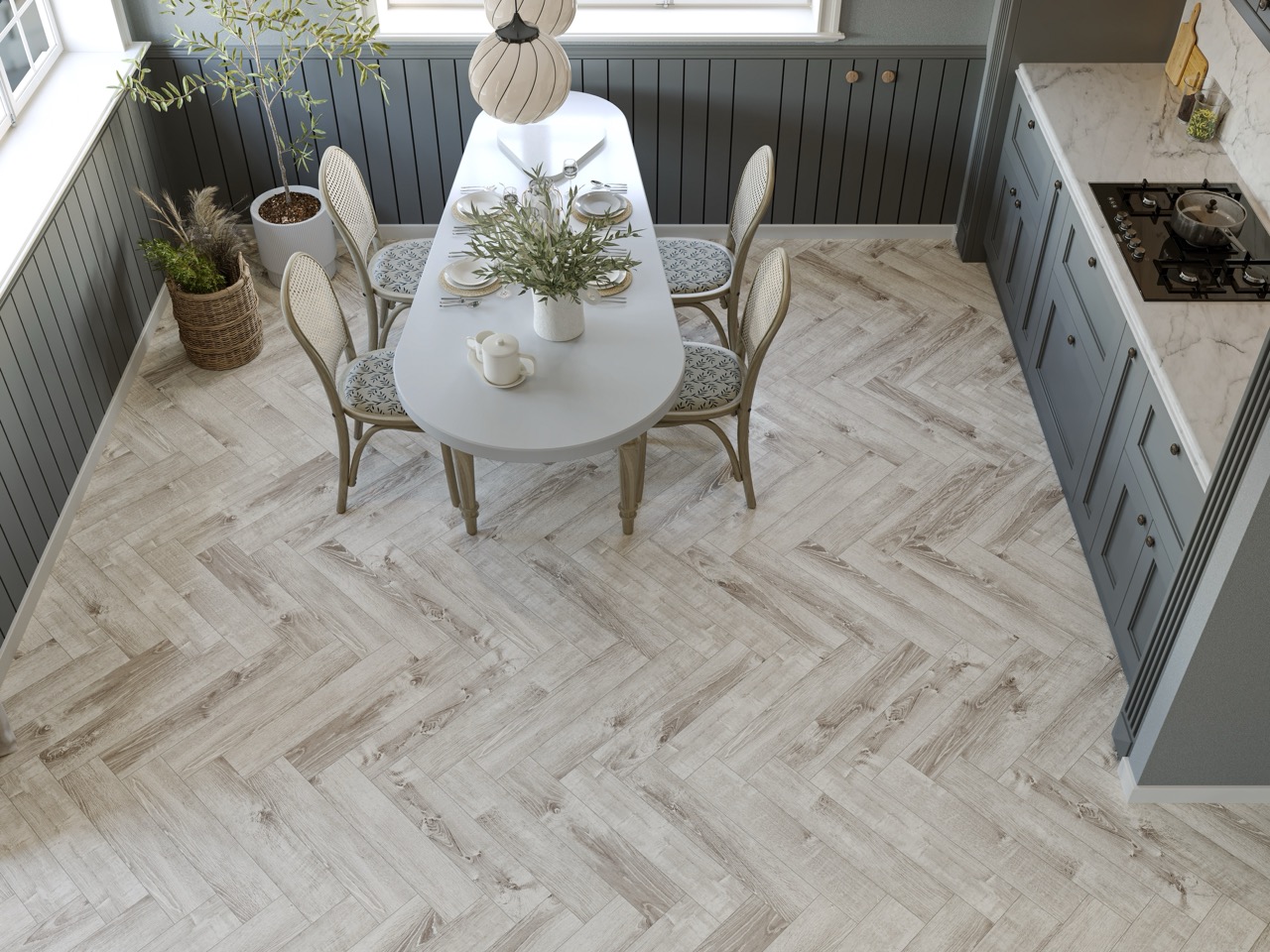 Кварцвиниловый SPC ламинат Cronafloor Herringbone Дуб Страсбург H005 венгерская елка 640×128×4,5 фото в интерьере